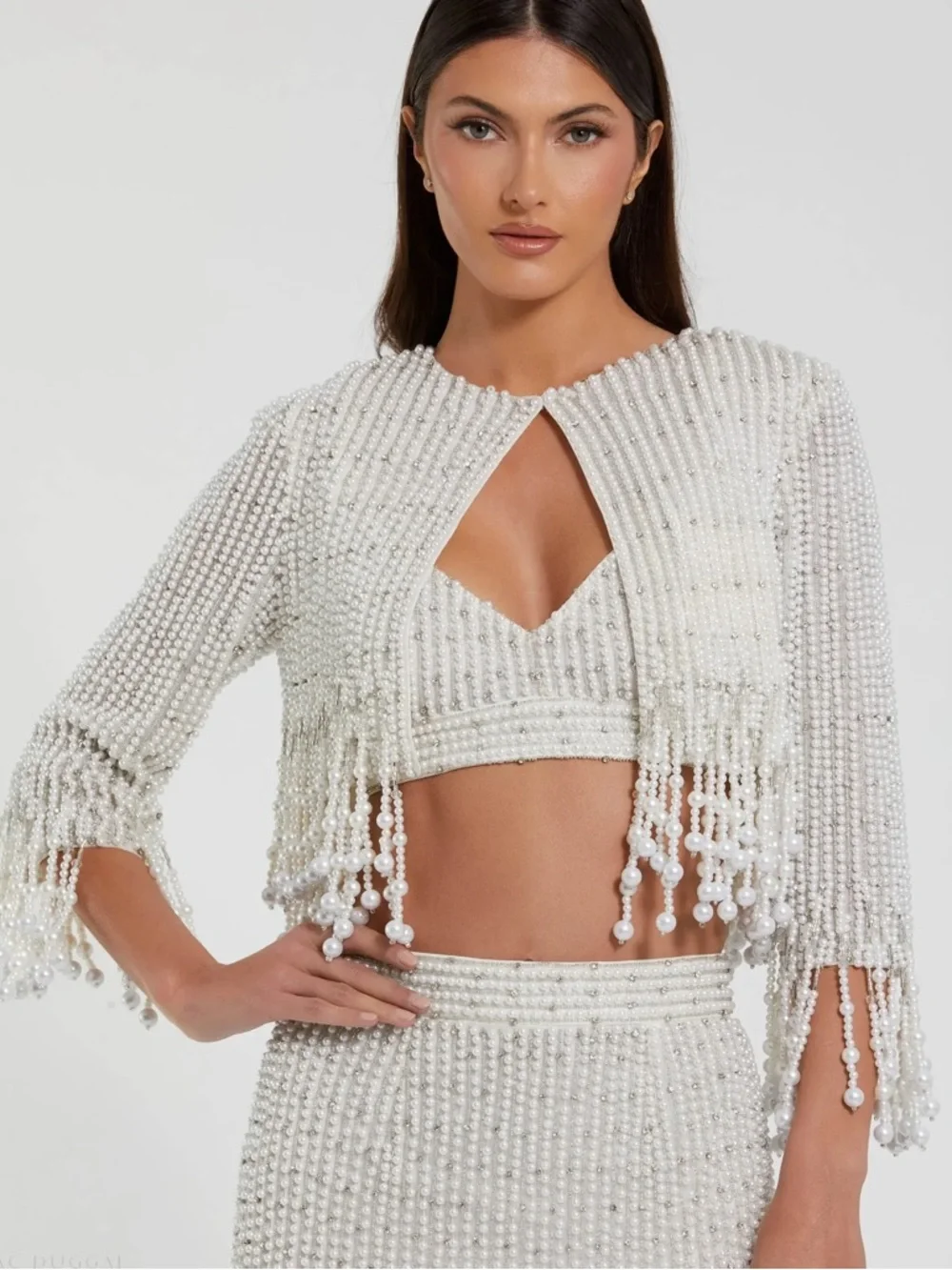 Mac Duggal Pearl Beaded Cropped Jacket - Picture 2 of 3